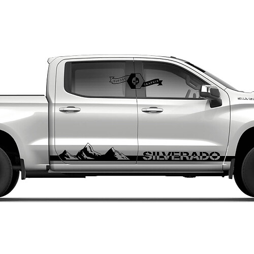 Paar Chevrolet Silverado zijrockerpaneel bergen schaduwdeuren streep vinyl sticker decaal
