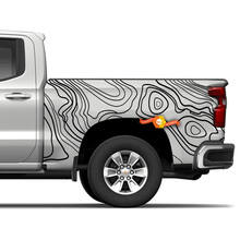 Zijachterklep Truck Chevrolet Silverado Topografische kaart contour achtergrond Topo kaart uitgesneden Vinyl Decals grafische sticker
 2