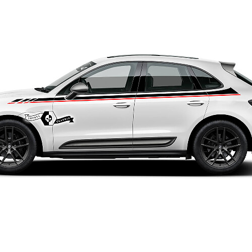 2x Porsche 2023 Porsche Macan T1 Side Dual Stripes Doors Up Top Decal Stickers 2 kleuren
