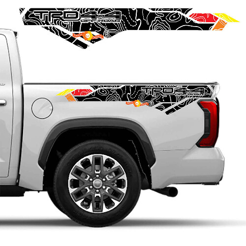 TRD 4x4 Off Road Vintage Kleuren Topografische Kaart BedSide Side Vinyl Stickers Decal passend voor Toyota Tundra Derde generatie XK70 2021 - heden
