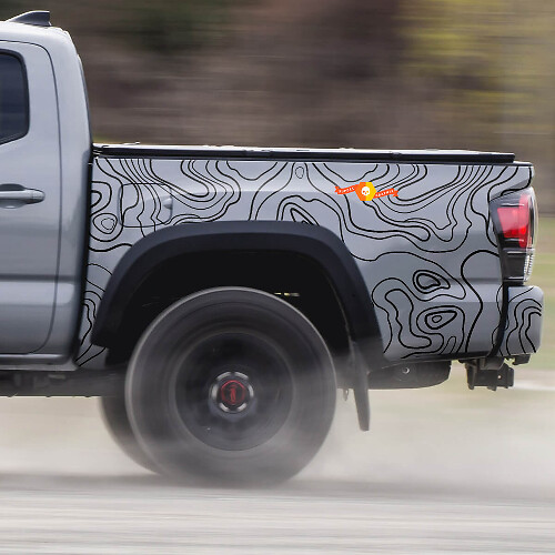 2x Bedgedeelte Toyota Tacoma Topografische kaartcontour Topo Wrap Vinyl Decals grafische sticker
