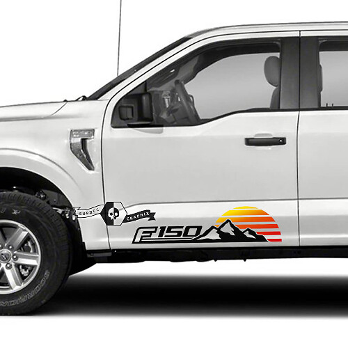 Paar Ford F-150 2022 2023 deuren bergen zonsondergang stickers zijstickers graphics vinyl Supdec ontwerp
