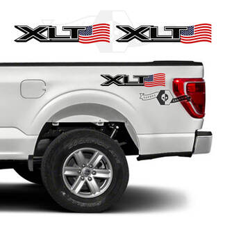 Paar Ford F-150 XLT 2023 kleur USA vlag bed logo grafische zijsticker
