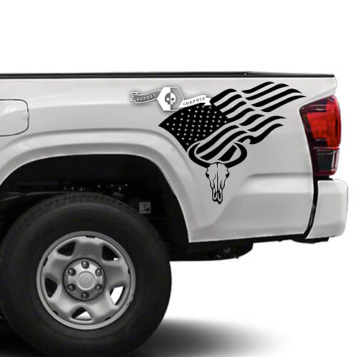 USA-vlag & stierenkop-bedstok vinylsticker voor Toyota Tacoma