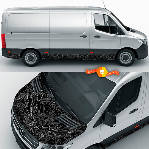 Topografische kaart wrap kapkap sticker en zijrocker paneel voor Mercedes Benz Sprinter vinylstickers sticker grafisch
