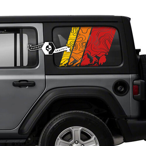 Paar Jeep Wrangler Unlimited deuren raam zijkant zonsondergang topografische kaart vinyl sticker sticker 3 kleuren
