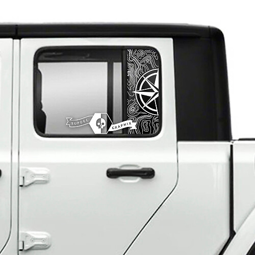 Paar Jeep Gladiator zijdeur raam kompas topografische kaart stickers stickers vinyl graphics streep
