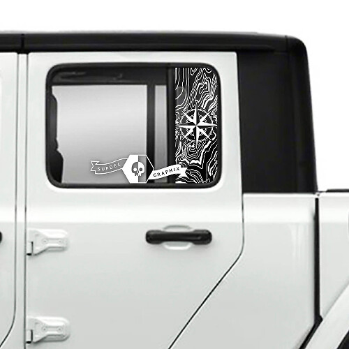 Paar Jeep Gladiator zijdeur raam kompas topografische kaart Topo stickers stickers vinyl graphics streep

