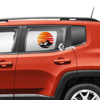 Paar Jeep Renegade zijspatborddeuren raam bergen zonsondergang retro grafische vinyl stickers sticker - gekleurd

