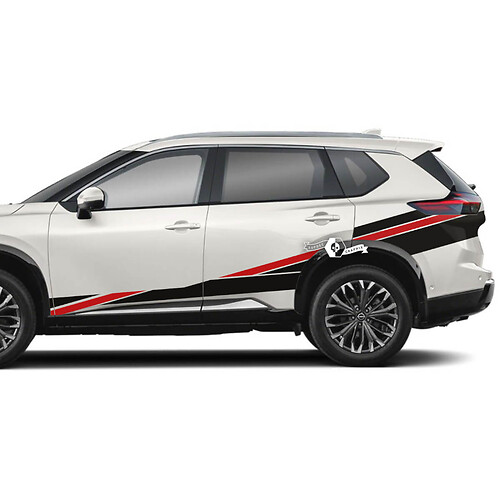 Paar Nissan Rogue zijdeur rockerpaneel achterspatbord strepen sticker sticker vinyl grafisch 2 kleuren
