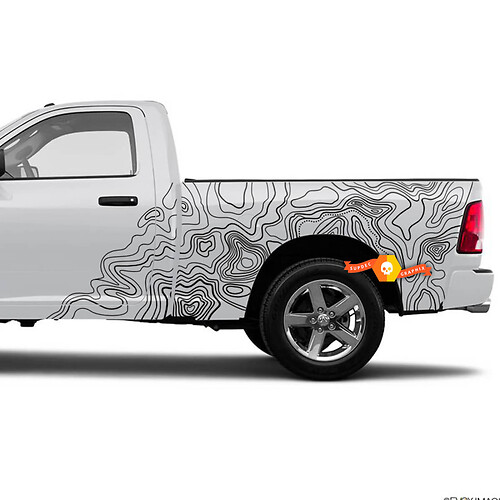 Paar Dodge Ram Tradesman 1500 4x4 Crew Cab topografische kaart bed zijdeuren vrachtwagen vinyl sticker sticker afbeelding
