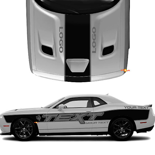 Aangepaste tekst met zij- en motorkapstrepen vinyl decal kit voor Dodge Challenger