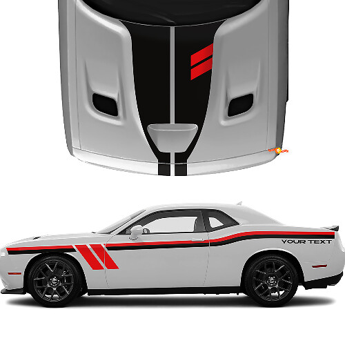 Dubbele zij- en motorkapstrepen met vinylstickers met aangepaste tekst voor Dodge Challenger