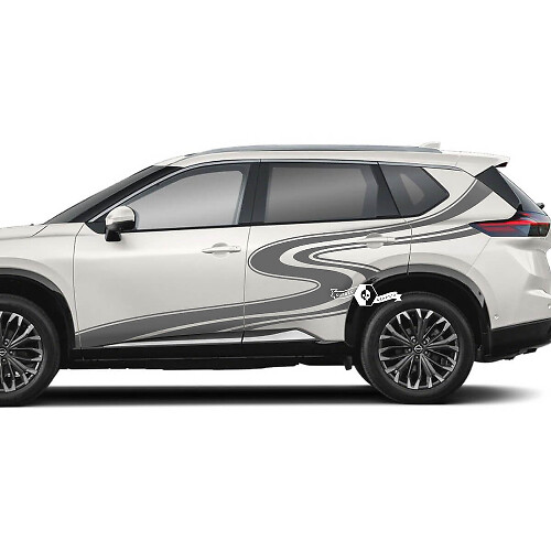Paar Nissan Rogue zijdeur achterspatbord strepen kronkelende weg sticker sticker vinyl afbeelding
