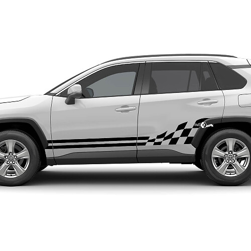 Zijpaneel rocker paneel geruite vlag grafische stickerkit past op Toyota RAV4 vinylsticker
