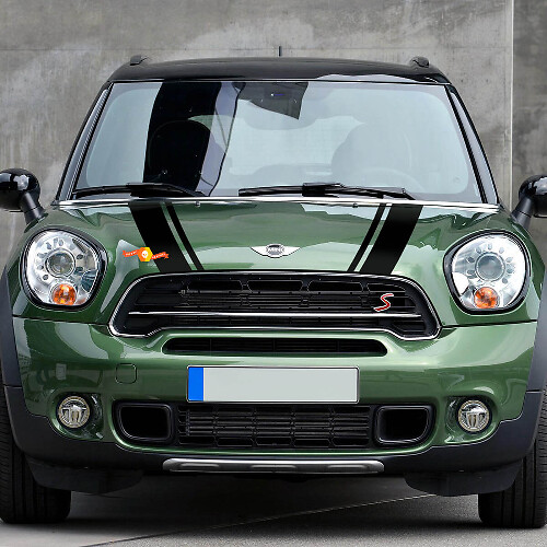 Mini Cooper Countryman JCW motorkap, motorkap en strepen achteraan, grafische sticker
