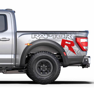 Grafische afbeeldingen aan de zijkant van het bed passen op de strepen van de Ford F150 Raptor R vinylstickerset
