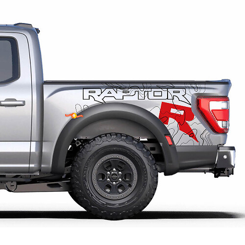 Grafische afbeeldingen aan de zijkant van het bed passen op de strepen van de Ford F150 Raptor R vinylstickerstickerset
