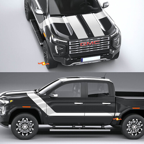 Grafische T-stickers op zijkant en motorkap voor 2024 GMC Canyon
