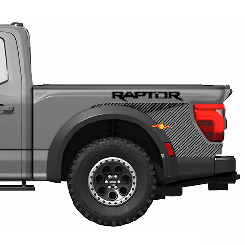 Grafische afbeeldingen naast het bed passend voor de Ford F150 Raptor R vinylstickerstickerset uit 2024 met strepen 2
