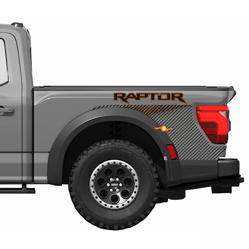 Grafische afbeeldingen aan de zijkant van het bed passend voor de Ford F150 Raptor R vinylsticker-stickerset uit 2024 met strepen 3
