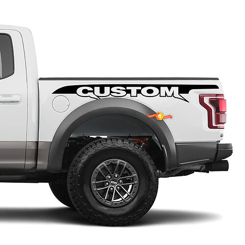 Aangepaste tekst Raptor Stripes sticker stickerkit aan het bed – Compatibel met Ford F150 Raptor
