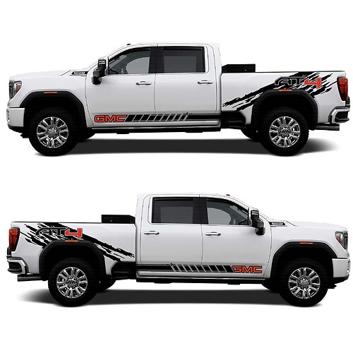 2024 GMC 2500HD AT4-stickerset - grafische afbeeldingen op de doos en vinylstickers op het onderste rockerpaneel
