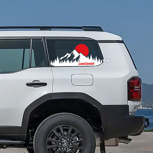 Toyota Land Cruiser topografische venster kant berg zonsondergang stickers vinyl stickers afbeelding
