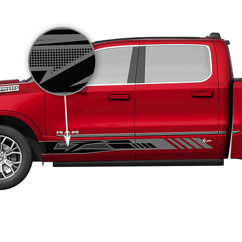 Geometrische geperforeerde strepen zijkant vinyl decal kit voor Dodge Ram 1500 Tungsten