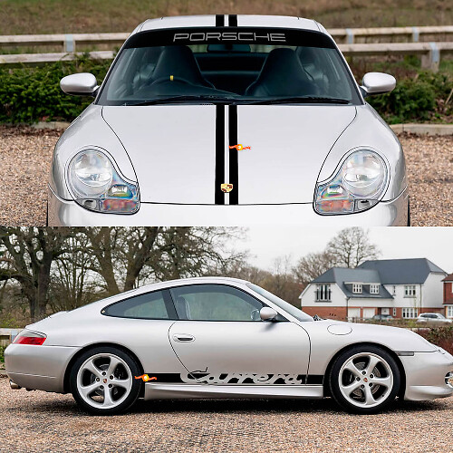 Porsche 911 Carrera Stripes Retro Hood Side Side Ruit Shield Decal Sticker Kit
