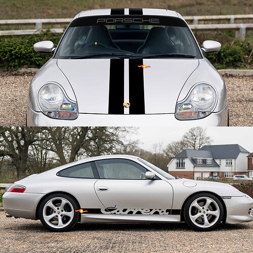 Porsche 911 Carrera Dual Central Stripes Retro Hood Side Side Ruit Shield Decal Sticker Kit
