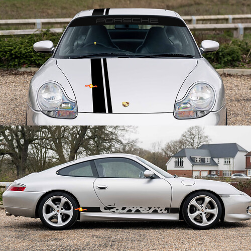 Porsche 911 Carrera Dual Central Stripes Retro Hood Side Side Ruit Shield Decal Sticker Kit
