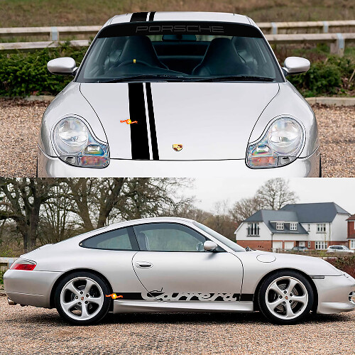 Porsche 911 Carrera Dual Central Stripes Retro Hood Side Side Ruit Shield Decal Sticker Kit
