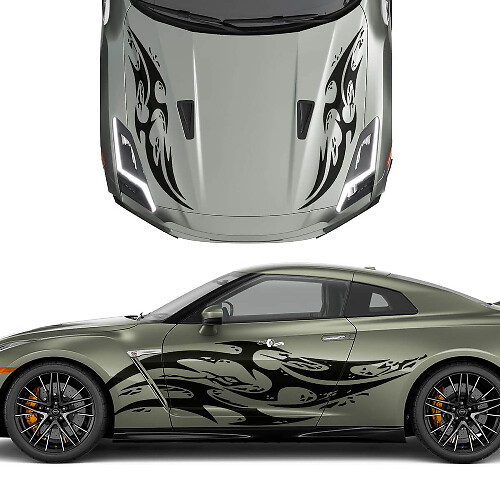 Kap en zijkanten dubbele tribale tattoo grafische strepen sticker kit voor nissan gt-r
 1