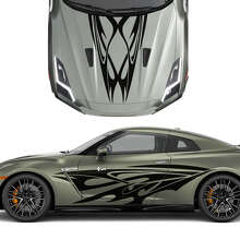 Hood en Zijkanten Dubbele Tribal Tatoeage Grafische Strepen Decal Set 3 voor Nissan GT-R 2
