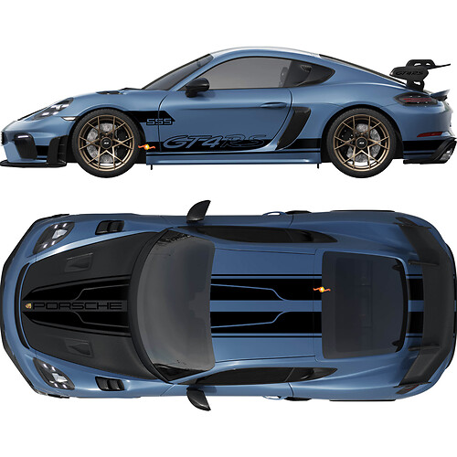 Dubbele motorkapdak, dak, achter- en zijstrepen Decal Sticker voor Porsche Cayman 718 GT4RS
 1