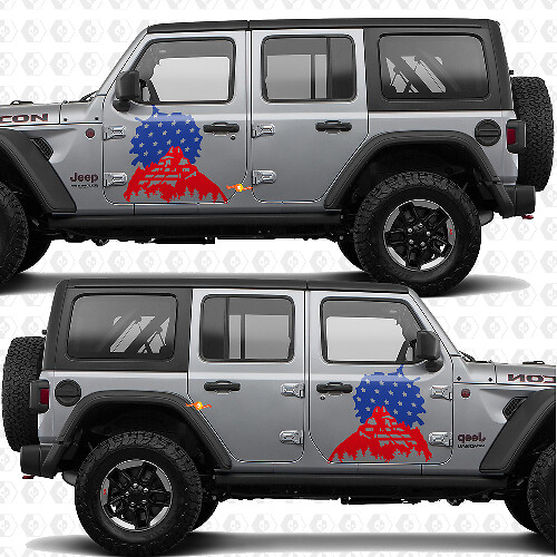 Mountains Zonsondergang VS Vlag Zijdeuren Strepen Vinyl sticker passend voor Jeep Wrangler