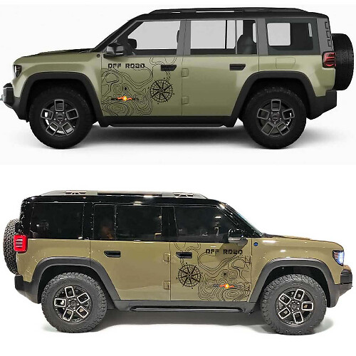 Topografische Kaart Offroad Kompas Zijdeuren Vinyl Sticker voor Jeep Recon 1