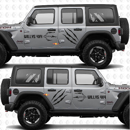 4x4 Klauwafdrukken Willys Zijdeuren Vinyl decal sticker passend voor Jeep Wrangler