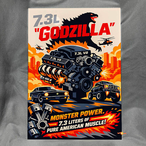 7.3L Godzilla Monster Power Glanzend Acryl Garage Muurkunst Paneel