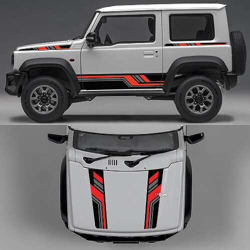 Rhino Edition Abstracte Lijnen Grafische Zijdelen en Motordeksel Vinyl Stickers 2 voor Suzuki Jimny 1
