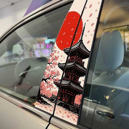 Japanse Tempel Zonsondergang Sakura Bloemblaadjes Pilaren Deuren Vinyl Sticker Decal 1