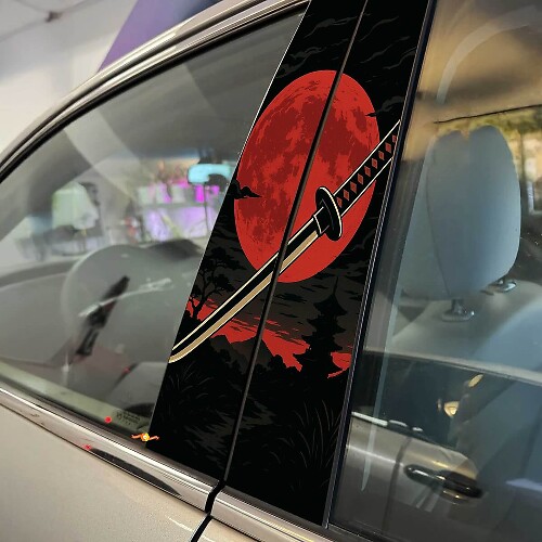 Dramatische Japanse Katana Rode Maan Pilaar Deuren Vinyl Decal Sticker 1