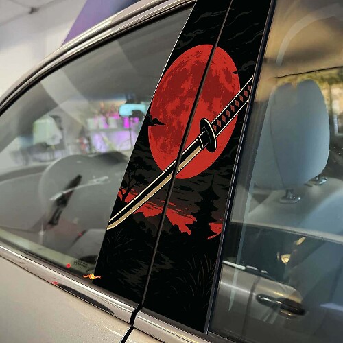 Japanse Katana Rode Maan Auto Pilaar Deur Vinyl Decal Kit