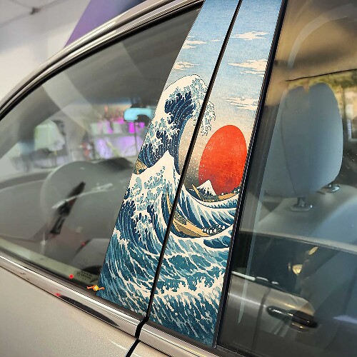 Golven en Rode Zon Japanse Stijl Pilaardeuren Vinyl Decal Sticker