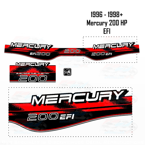 1996-1998+ Mercury 200HP EFI-stickerset buitenboordmotorreproductie 3-delig vinyl 1997