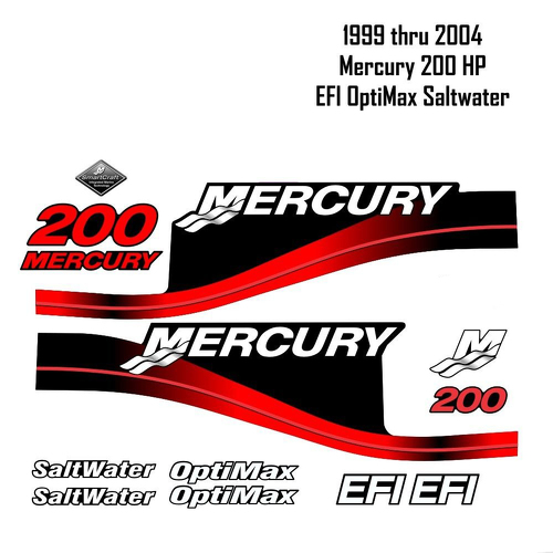 1999-2004 Mercury 200HP Rode Stickers EFI OptiMax Zoutwater 15pc Repro Buitenboordmotor Vinyl Sticker Decals Kit