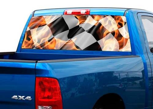 Geblokte vlag in vlammen Grafische achterruit Sticker Sticker Truck SUV