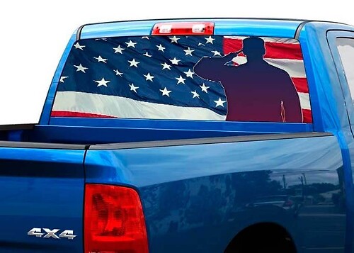 Saluerende Soldaat Amerikaanse Vlag Achterruit Vinyl Decal voor Truck SUV