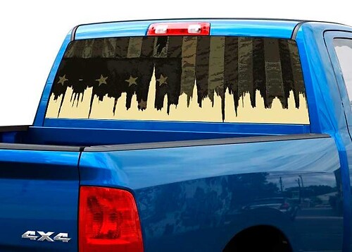 USA-vlag stadsaanzicht achterruitsticker voor pick-up truck